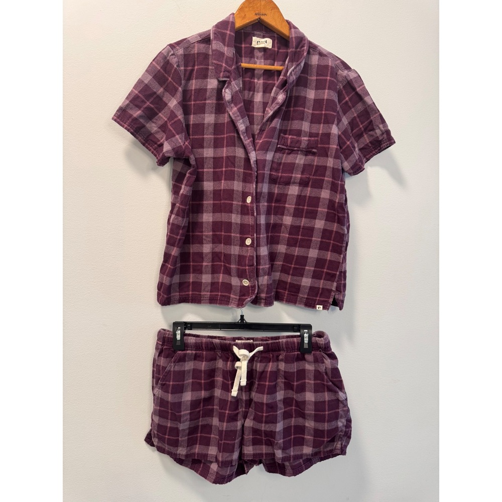 Pact Organic Cotton Flannel Pajama Set Purple Plaid Short Sleeve Shorts Medium